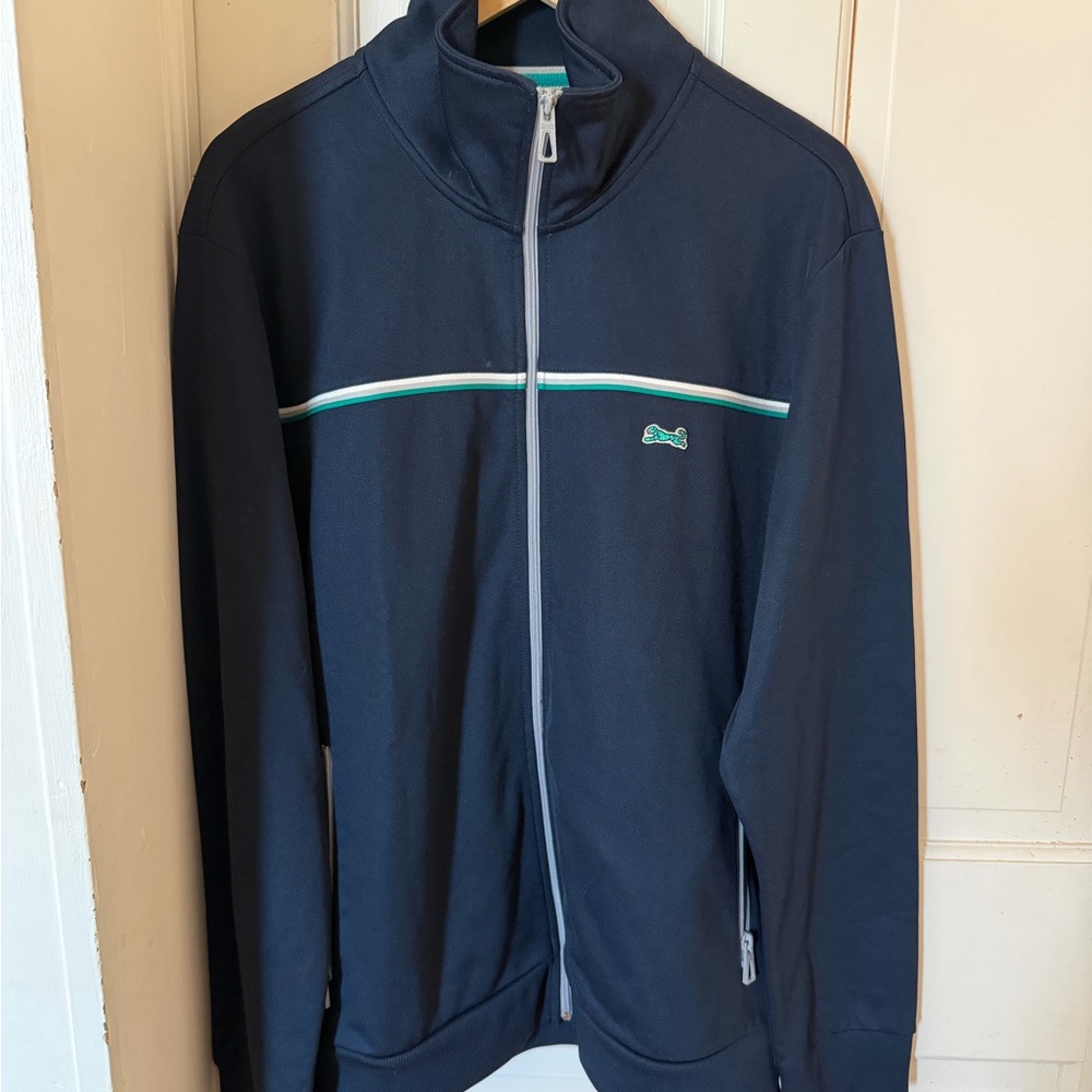 Navy Blue Track Jacket with White and Green Accents